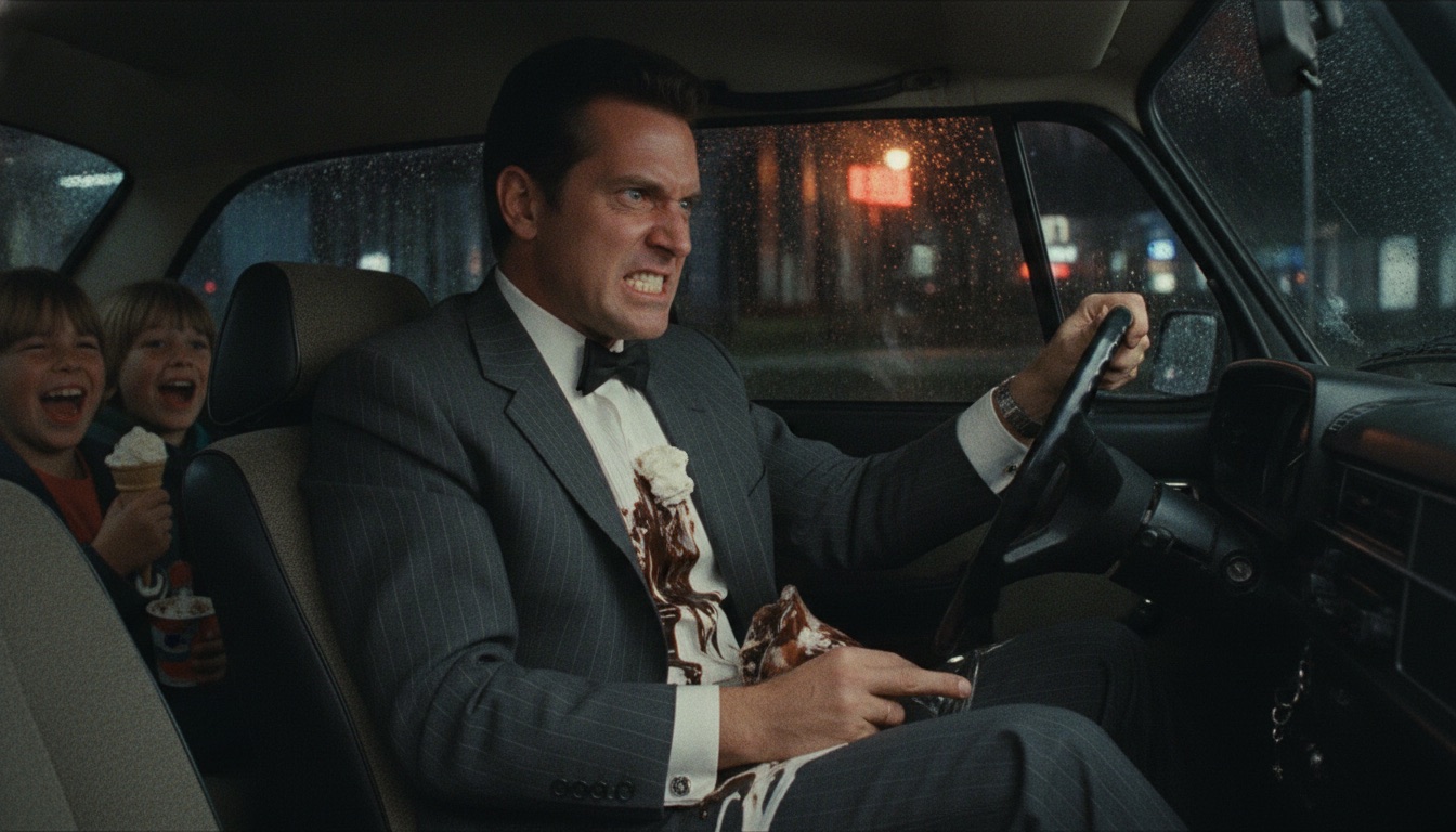 Night scene inside a Saab: a furious man in a grey tailored suit with black woven through it and a black bow tie grips the steering wheel while a chocolate sundae drips down his shirt and lapels. Two kids in the back seat laugh, holding their own intact ice cream. Rain streaks the windows and neon signs glow outside.
